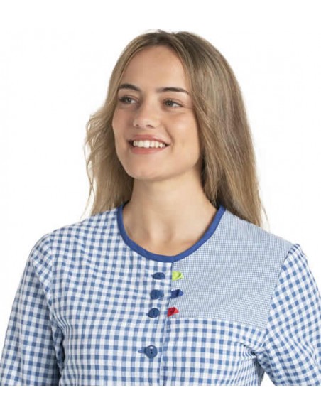 BATA MAESTRA CUADROS BOTONES. Tejido rico en Algodón de gran suavidad