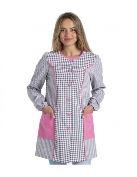 BATA MAESTRA CUADRO GRIS CON DETALLES COLOR ROSA