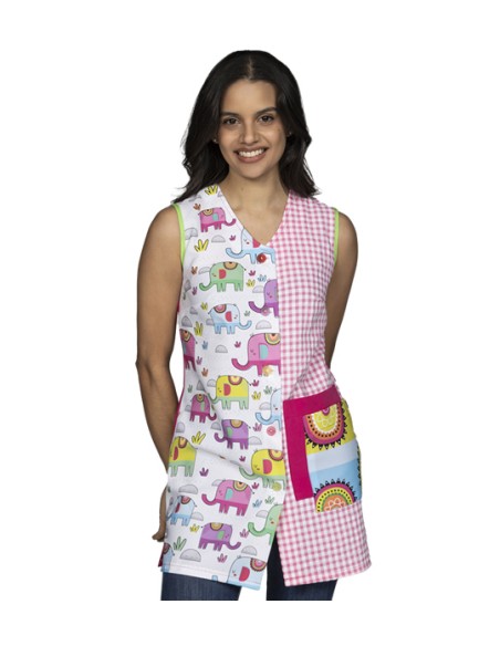 BATA MAESTRA SIN MANGAS ELEFANTES DE COLORES. Batas y estolas.