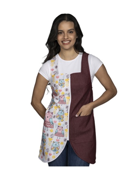 GREMBIULE PER INSEGNANTI IN DENIM ELASTICO CON STAMPA UCCELLI COLORATI