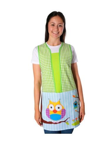 GREMBIULE MAESTRA CON STAMPA DI UN GUFO APPOGGIATO SU UN RAMO