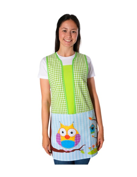 GREMBIULE MAESTRA CON STAMPA DI UN GUFO APPOGGIATO SU UN RAMO