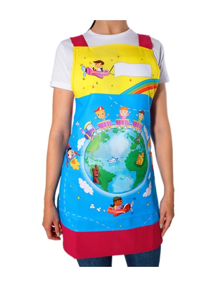 GREMBIULE PER INSEGNANTI CHE VIAGGIANO BAMBINI IN GIRO PER IL MONDO.