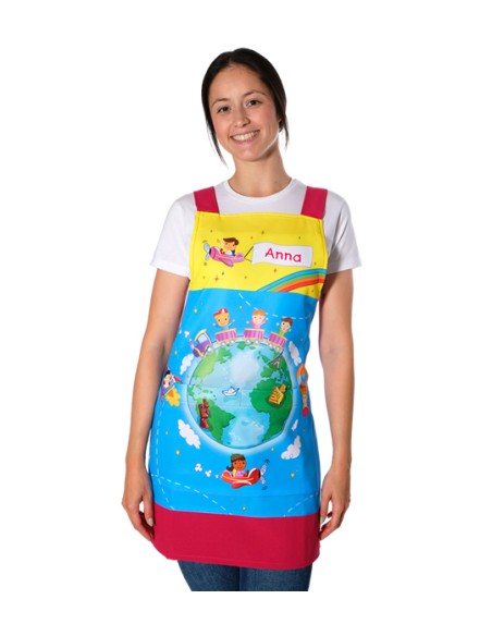 GREMBIULE PER INSEGNANTI CHE VIAGGIANO BAMBINI IN GIRO PER IL MONDO.