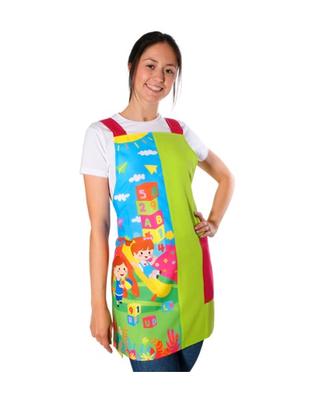 GREMBIULE MAESTRA BAMBINI CHE SI DIVERTONO SULL'ALTALENA DEL PARCO