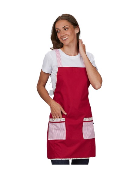 GREMBIULE PER INSEGNANTI ROSSO VIOLA CON TASCHE E BRETELLE A RIGHE