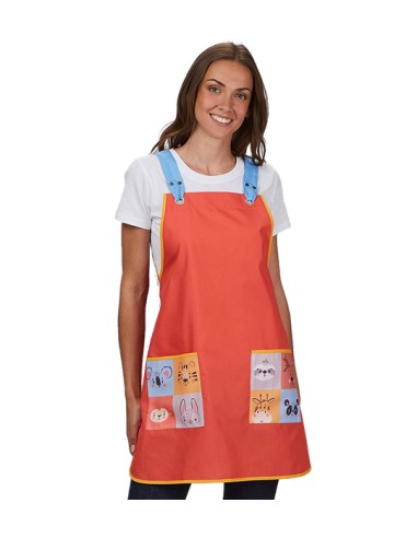 GREMBIULE ARANCIONE CORALLO CON TASCHE A FORMA DI ANIMALI DELLO ZOO