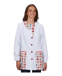 CAMICE BIANCO DA INSEGNANTE CON ANIMALI COLORATI.