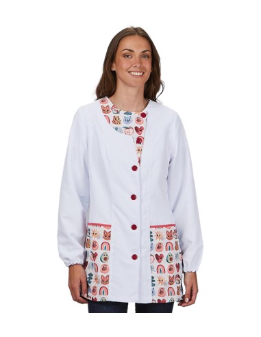 CAMICE BIANCO DA INSEGNANTE CON ANIMALI COLORATI.