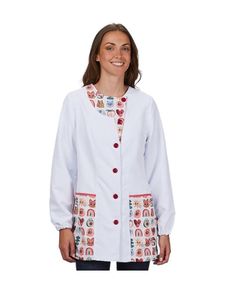 BATA DE MAESTRA COLOR BLANCO CON ANIMALES DE COLORES.