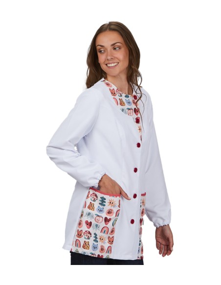 CAMICE BIANCO DA INSEGNANTE CON ANIMALI COLORATI.