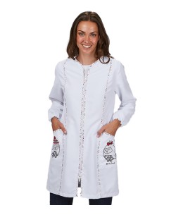 CAMICE MAESTRA BIANCO "BE MY FRIEND" CON DIVERTENTI GUFI SULLE TASCHE.