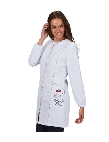 CAMICE MAESTRA BIANCO "BE MY FRIEND" CON DIVERTENTI GUFI SULLE TASCHE.