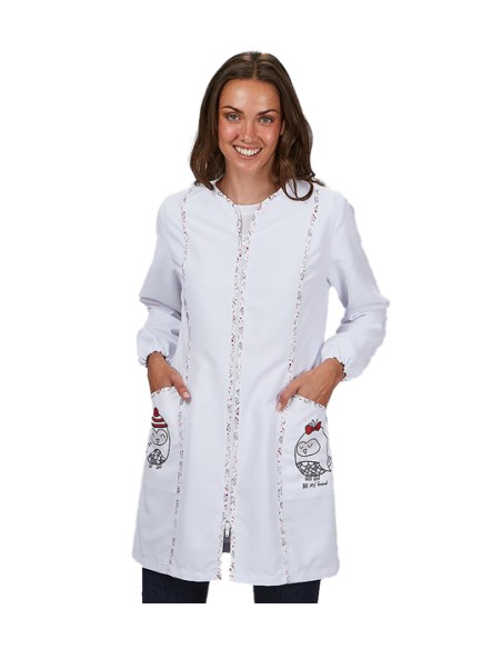 CAMICE MAESTRA BIANCO "BE MY FRIEND" CON DIVERTENTI GUFI SULLE TASCHE.
