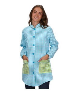 CAMICE DA INSEGNANTE VICHY AZZURRO CHIARO CON SCHIENA A FUELLE.