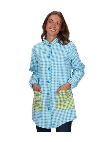 BATA DE MAESTRA VICHY CELESTE CON FUELLE EN LA ESPALDA.