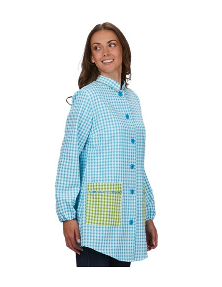 CAMICE DA INSEGNANTE VICHY AZZURRO CHIARO CON SCHIENA A FUELLE.