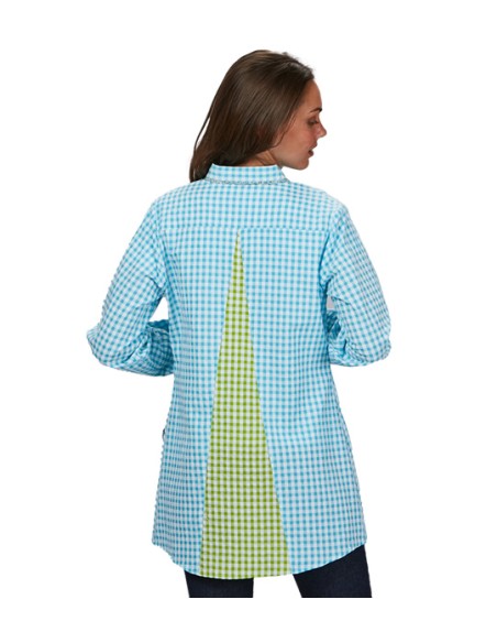 CAMICE DA INSEGNANTE VICHY AZZURRO CHIARO CON SCHIENA A FUELLE.