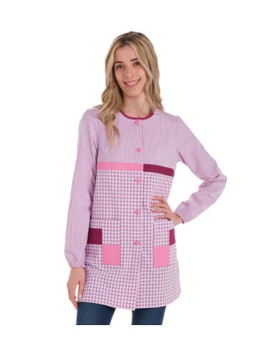 BATA MAESTRA CUADRO LILA Y BLANCO CON TAPETAS COLOR BERENJENA Y LILA