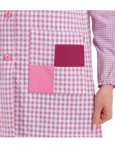 BATA MAESTRA CUADRO LILA Y BLANCO CON TAPETAS COLOR BERENJENA Y LILA