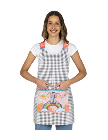 ESTOLA ARCOIRIS ELEFANTE EN TEJIDO VICHY GRIS. Estampados divertidos.