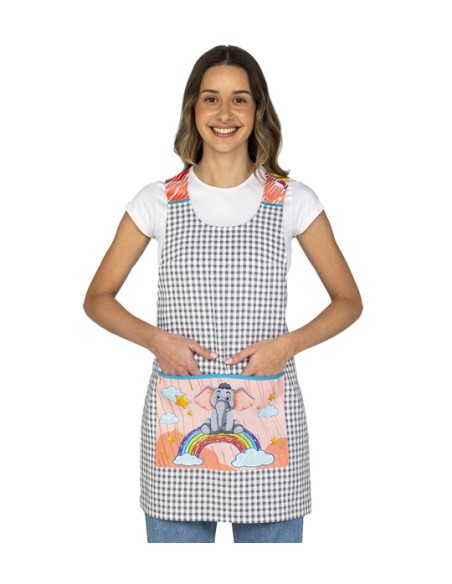 ESTOLA ARCOIRIS ELEFANTE EN TEJIDO VICHY GRIS. Estampados divertidos.